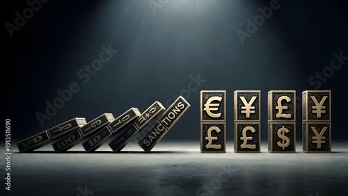 Financial sanctions concept with coins and blocks displaying currency symbols