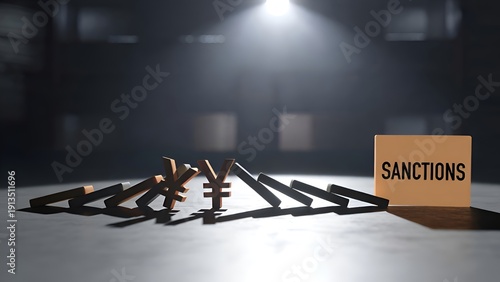 Chain and block with sanctions label symbolizing economic restrictions