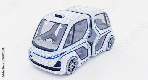 Futuristic autonomous electric vehicle concept on white background.