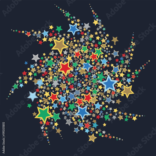 A cluster of colorful stars in varying sizes, spiraling against dark blue