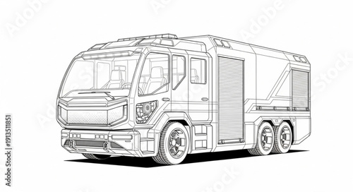 Line drawing of a modern garbage truck vehicle.