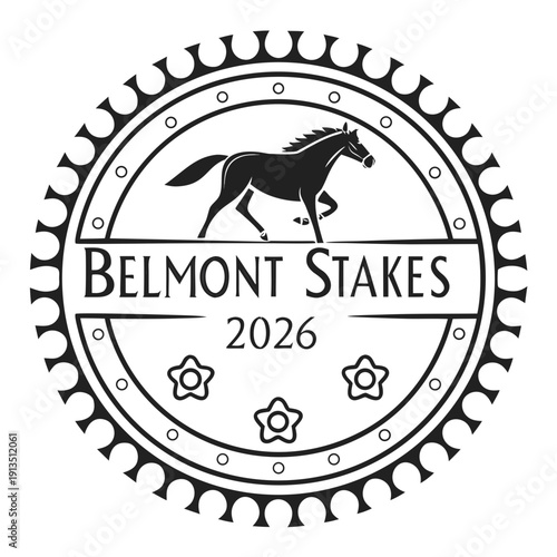 Minimalist circular emblem logo for Belmont Stakes 2026, abstract horse and jockey silhouette, representing speed and victory in racing.