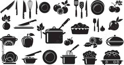 Black and white kitchen utensils and food icons illustration