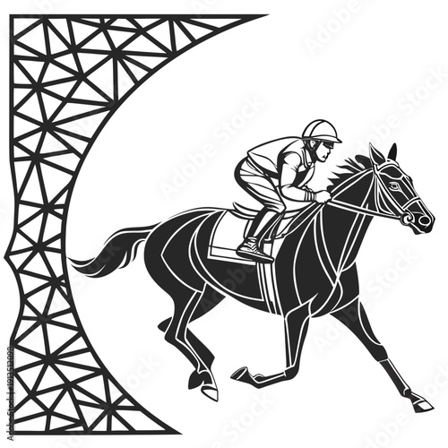 Striking monochrome poster for Belmont Stakes 2026, showcasing a powerful racing horse and jockey silhouette in a minimalist style.