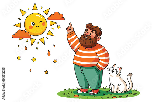Cheerful bearded man pointing at a cute smiling sun with raindrops and clouds in a whimsical cartoon scene with a cat sitting beside him on grass