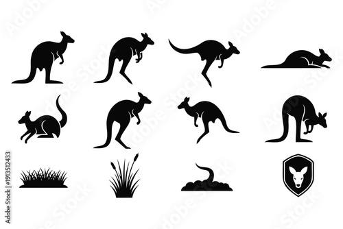 Collection of kangaroo silhouettes in various poses and grass elements isolated design