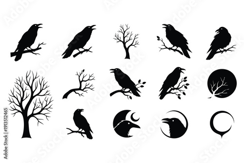 Collection of minimalist crow and raven silhouettes with bare trees and moon icons for design projects