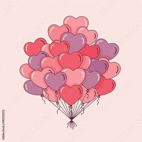 A cluster of heart-shaped balloons, shades of red and purple