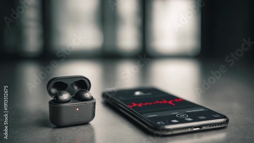 Modern wireless earbuds in sleek charging case are placed next to smartphone with music app open on reflective surface. Scene highlights contemporary audio technology, mobile convenience