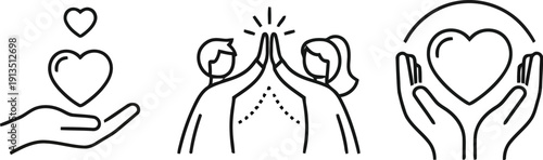 Heart care kindness and teamwork hand drawn icons set caring love support community partnership symbols vector