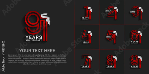 Anniversary logo style double line number set. red color and white ribbon for celebration event