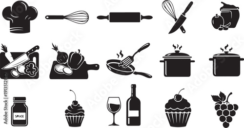 Black and white kitchen utensils and food icons collection