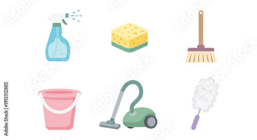 Six flatstyle cleaning tools arranged in two rows on a white background
