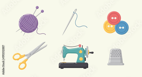 Six flatstyle sewing and knitting icons arranged in two rows