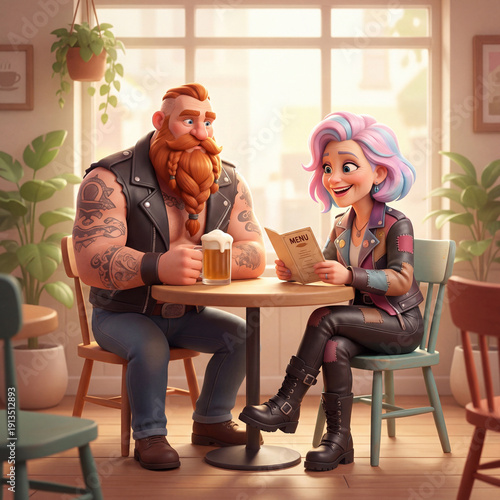 Vibrant, stylized 3D-rendered scene of a burly bearded biker man and a cheerful punkish biker woman sharing a moment at a cozy café table