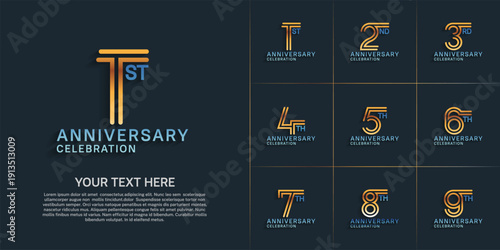 Anniversary logo style double line number set. gold and blue color on blue background for celebration event
