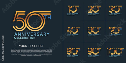Anniversary logo style double line number set. gold and blue color on blue background for celebration event