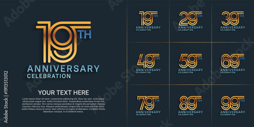 Anniversary logo style double line number set. gold and blue color on blue background for celebration event