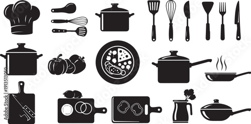 Black and white kitchen utensils and food icons set