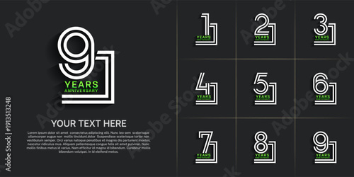 Anniversary logo style double line number set. white and green color on black background for celebration event