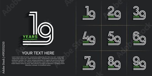 Anniversary logo style double line number set. white and green color on black background for celebration event