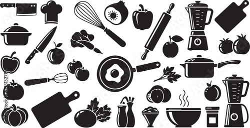 Black and white kitchen utensils and food icons illustration