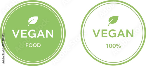 Two modern circular vegan labels with leaf icons representing pure plant based dietary choice for health and sustainability vector