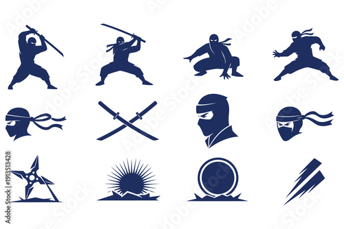Collection of ninjathemed icons featuring warriors weapons and symbols in various poses isolated design