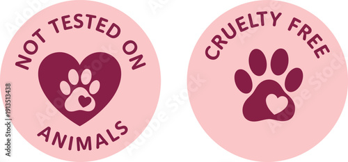 Cruelty free not tested on animals pink heart paw print round stickers labels vector
