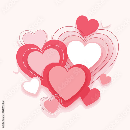 A cluster of stylized hearts of varying sizes and shades of red