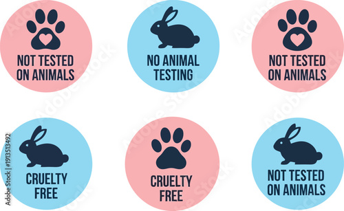 Cruelty free labels set bunny paw heart icons not tested on animals vegan ethical choices vector