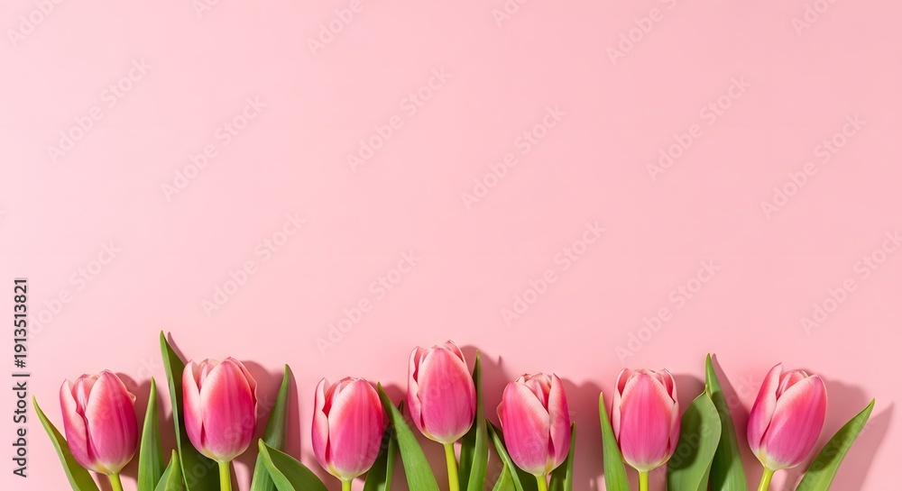 Fototapeta premium A row of pink tulips arranged on a pastel pink background from a top-down viewpoint