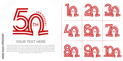 Anniversary logo style double line number set. red color on white background for celebration event