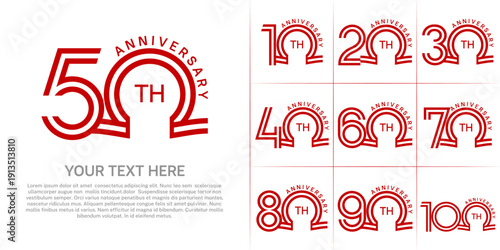 Anniversary logo style double line number set. red color on white background for celebration event