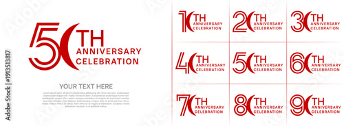 Anniversary logo style double line number set. red color on white background for celebration event