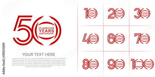 Anniversary logo style double line number set. red color on white background for celebration event