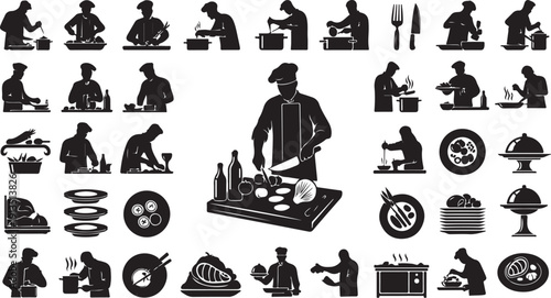 Silhouette icons of chef cooking and food preparation actions