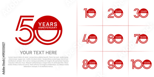 Anniversary logo style double line number set. red color on white background for celebration event