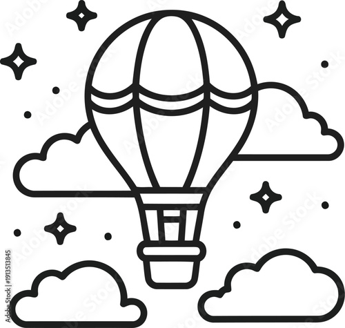 Whimsical hot air balloon soaring amongst starry clouds graphic illustration for adventure and travel themes vector