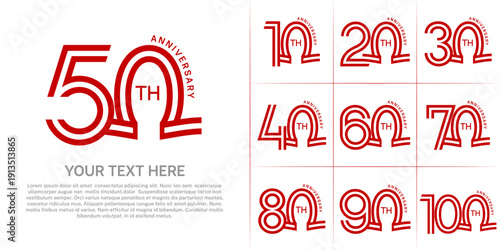 Anniversary logo style double line number set. red color on white background for celebration event