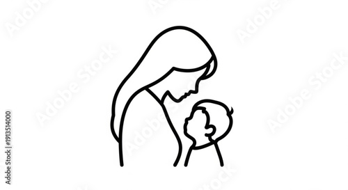 Mother holding baby close in a tender moment of love and affection with simple line art