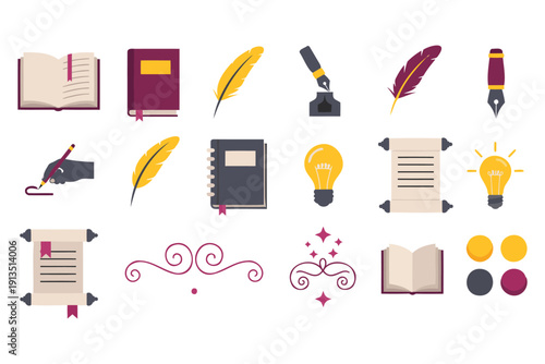 Colorful flat design collection of vintage writing and creative inspiration icons featuring books scrolls quills and lightbulbs