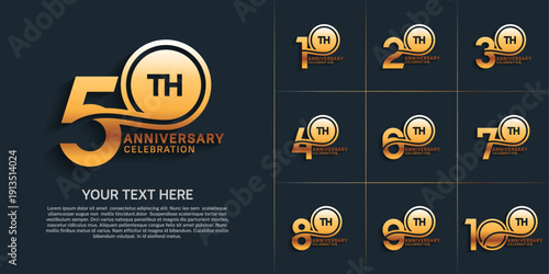 Anniversary logo style double line number set. golden color on dark background for celebration event