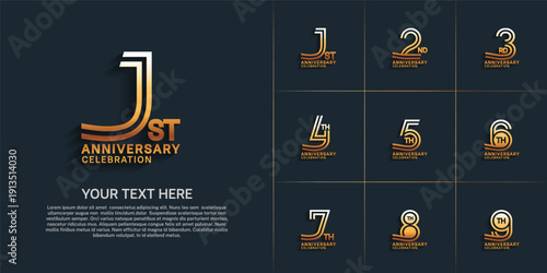 Anniversary logo style double line number set. golden color on dark background for celebration event