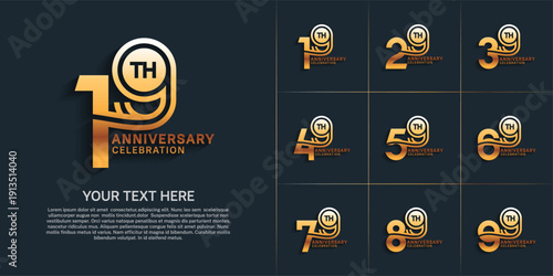 Anniversary logo style double line number set. golden color on dark background for celebration event