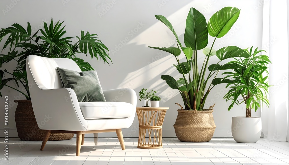 Fototapeta premium An interior shot features a white armchair, a small side table, and multiple potted plants against a white wall