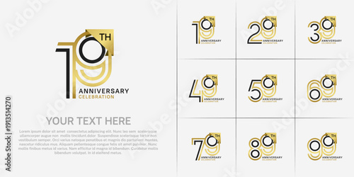 Anniversary logo type set with double line number. black and golden color for celebration event