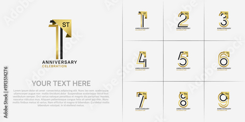 Anniversary logo type set with double line number. black and golden color for celebration event
