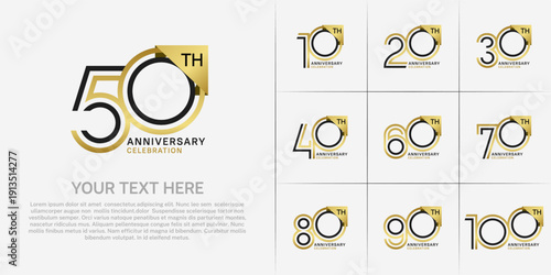 Anniversary logo type set with double line number. black and golden color for celebration event