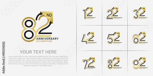 Anniversary logo type set with double line number. black and golden color for celebration event